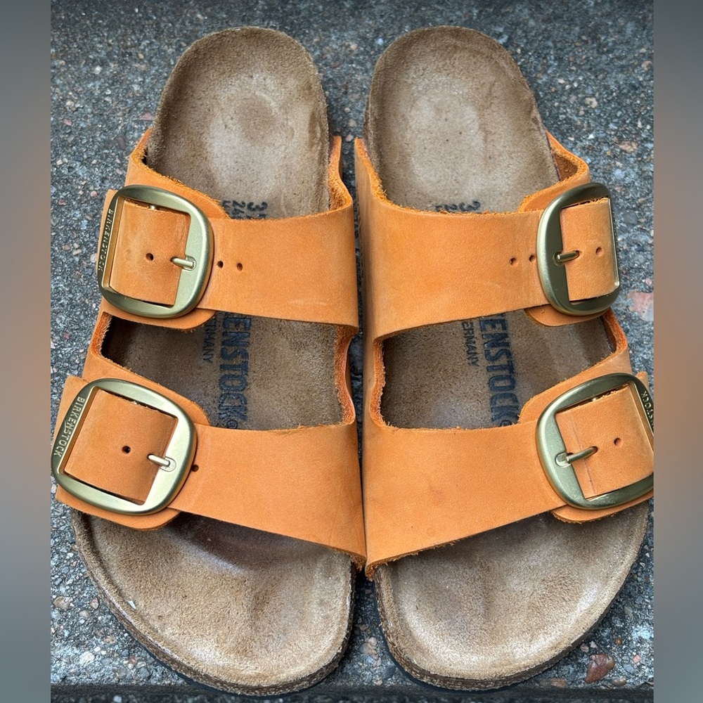 Birkenstock Orange Sandals with Gold Buckles